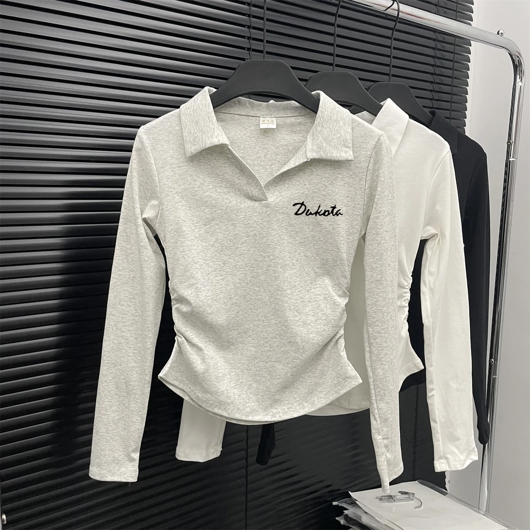 复古长袖T恤女2025早秋新款设计感百搭小众POLO领修身收腰上衣ins