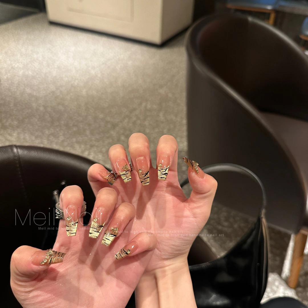 Meil Nail 虎皮 金色猫眼法式老虎纹可拆卸穿戴甲中长款-ML2791