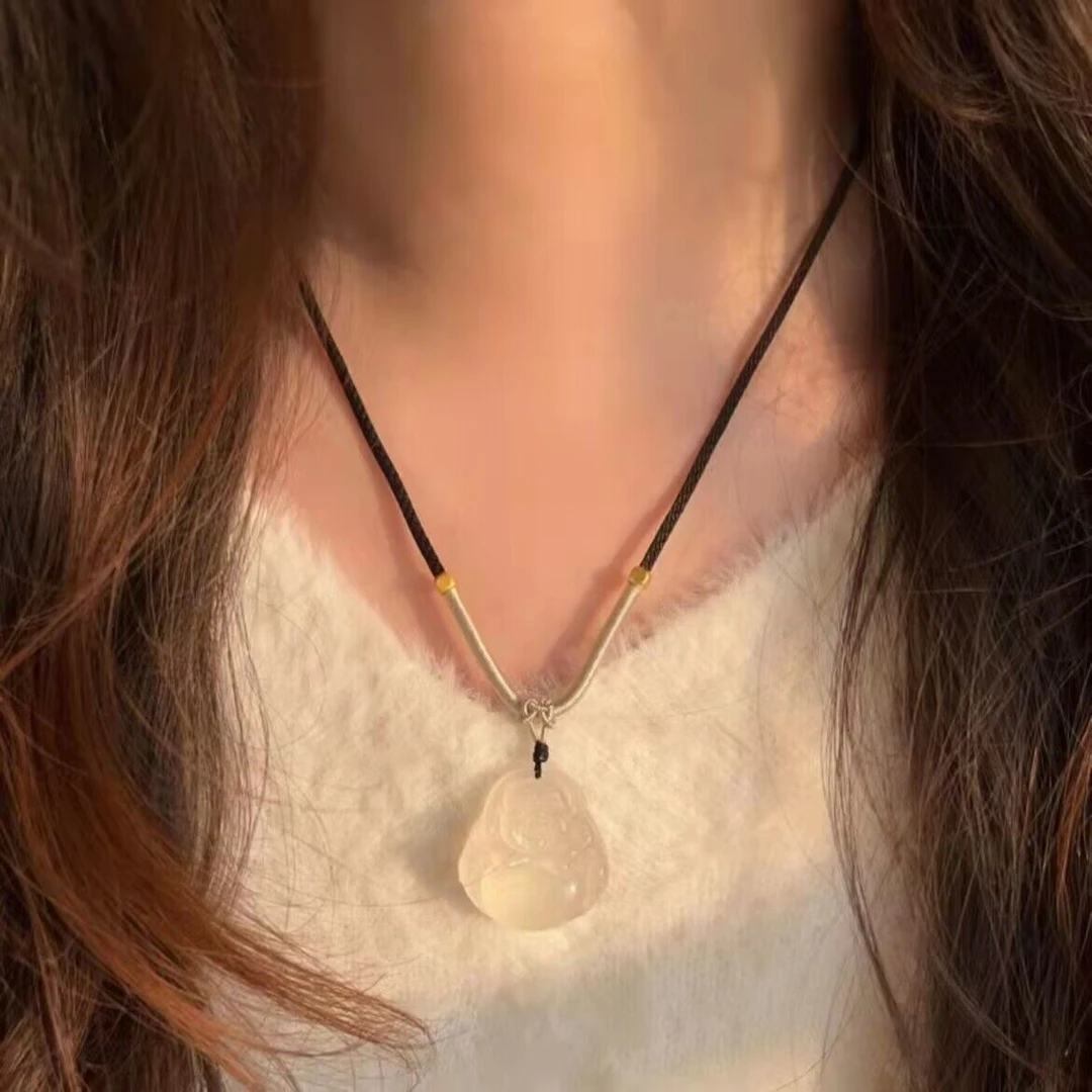 天然玉髓佛吊坠女笑佛玉石项链中国风弥勒佛保平安挂件绳子随机