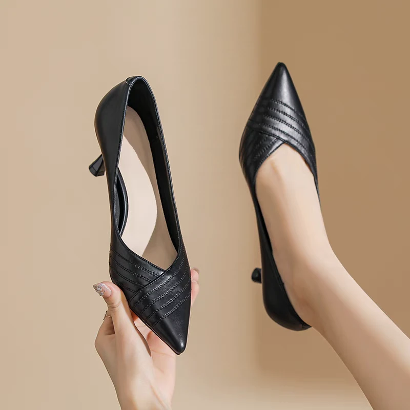 真软皮高跟鞋女细跟2025年春秋季新款气质尖头黑色职业通勤皮单鞋