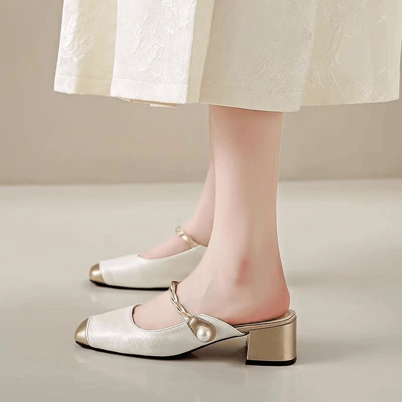 女士包头半拖鞋女外穿2025年夏季新款粗跟中跟时尚外出配裙子凉鞋