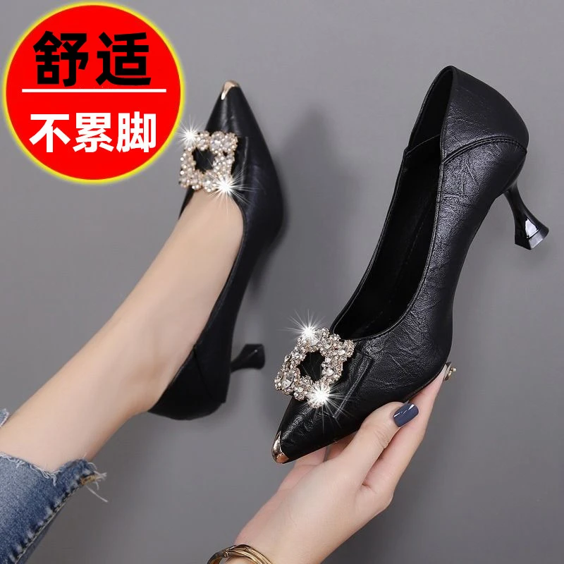 网红春秋浅口高跟鞋女气质百搭中跟上班鞋黑色细跟职业工作单鞋子
