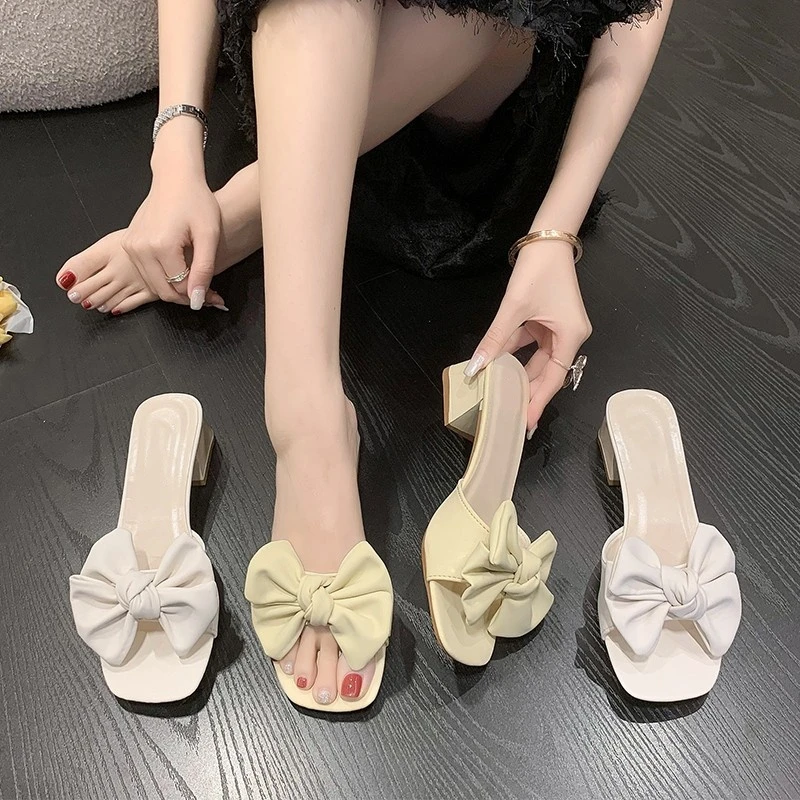网红凉拖鞋女外穿2025新款夏季百搭韩版粗跟蝴蝶结仙女时尚一字拖