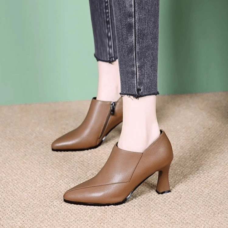 粗跟高跟鞋单鞋女尖头2025年新款秋季深口软皮软面鞋春秋通勤女鞋