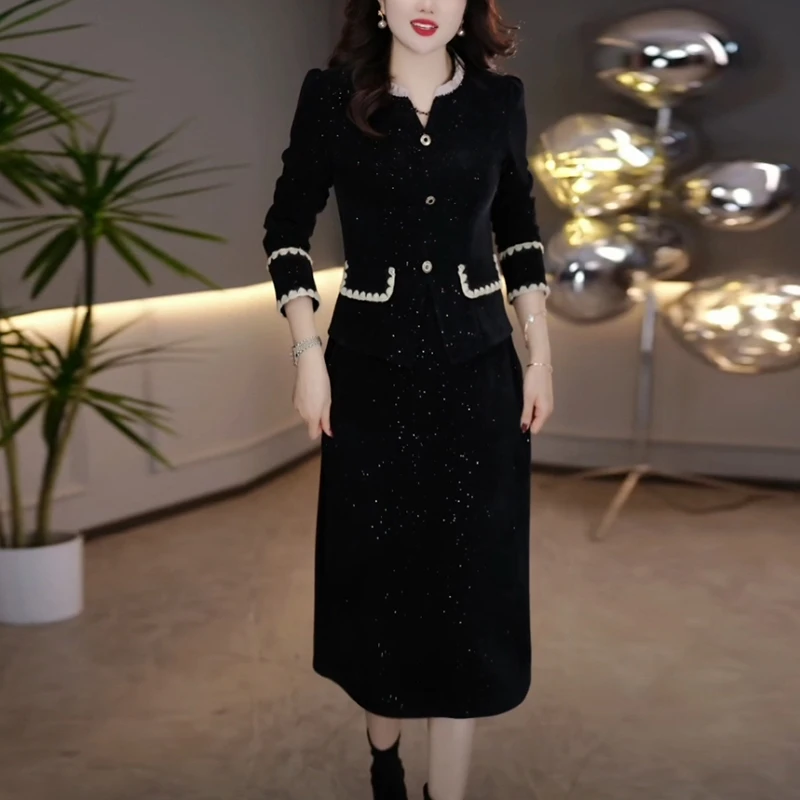 磨毛精纺2025春秋新款气质高级感女装显瘦加厚打底假两件连衣裙子