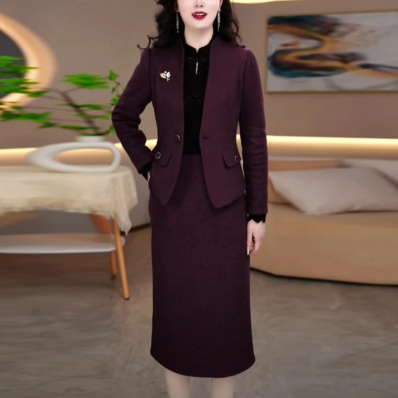 雪花绒加绒加厚两件套连衣裙2024冬季新款修身显瘦小香风套装裙子