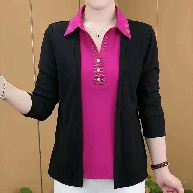 中老年人妈妈装T恤假两件春秋款洋气时尚百搭长袖外穿衬衫领外套