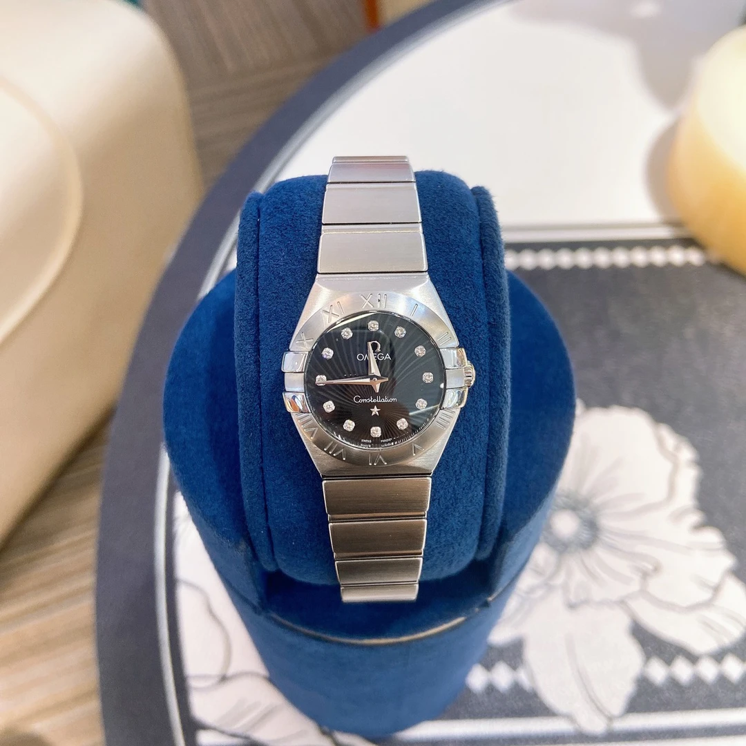 99新 Omega/欧米茄 欧米茄星座系列石英机芯精钢 24黑盘螺纹带钻