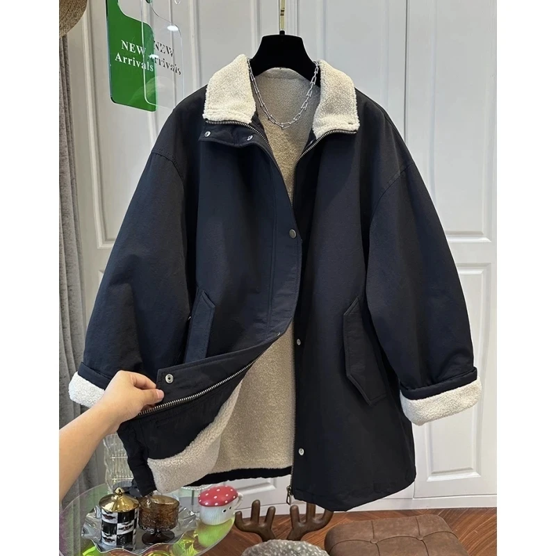 【鱼你专属】毛茸茸翻领中长款工装外套女加绒加厚宽松2025冬季新款