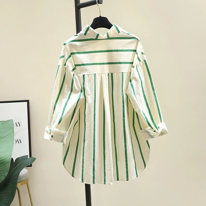 减龄绿色条纹衬衫女2025春秋新款韩版宽松休闲长袖衬衣显瘦上衣潮