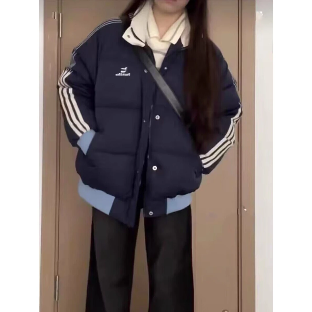 新款2023羽绒服小个子羽绒服女冬季新款加厚袄外套情侣条纹韩系