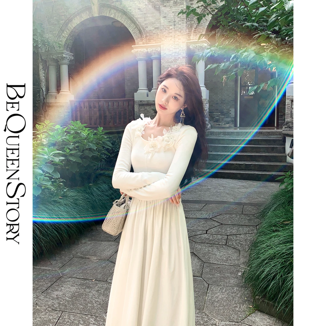 BeQueenStory【夜的第八章】法式气质百搭长袖弹力针织修身连衣裙
