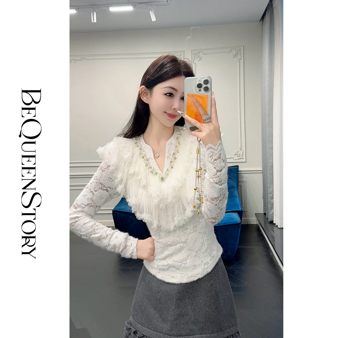 BeQueenStory【浮光巴洛克】复古浪漫白色蕾丝V领钉珠打底衫新款