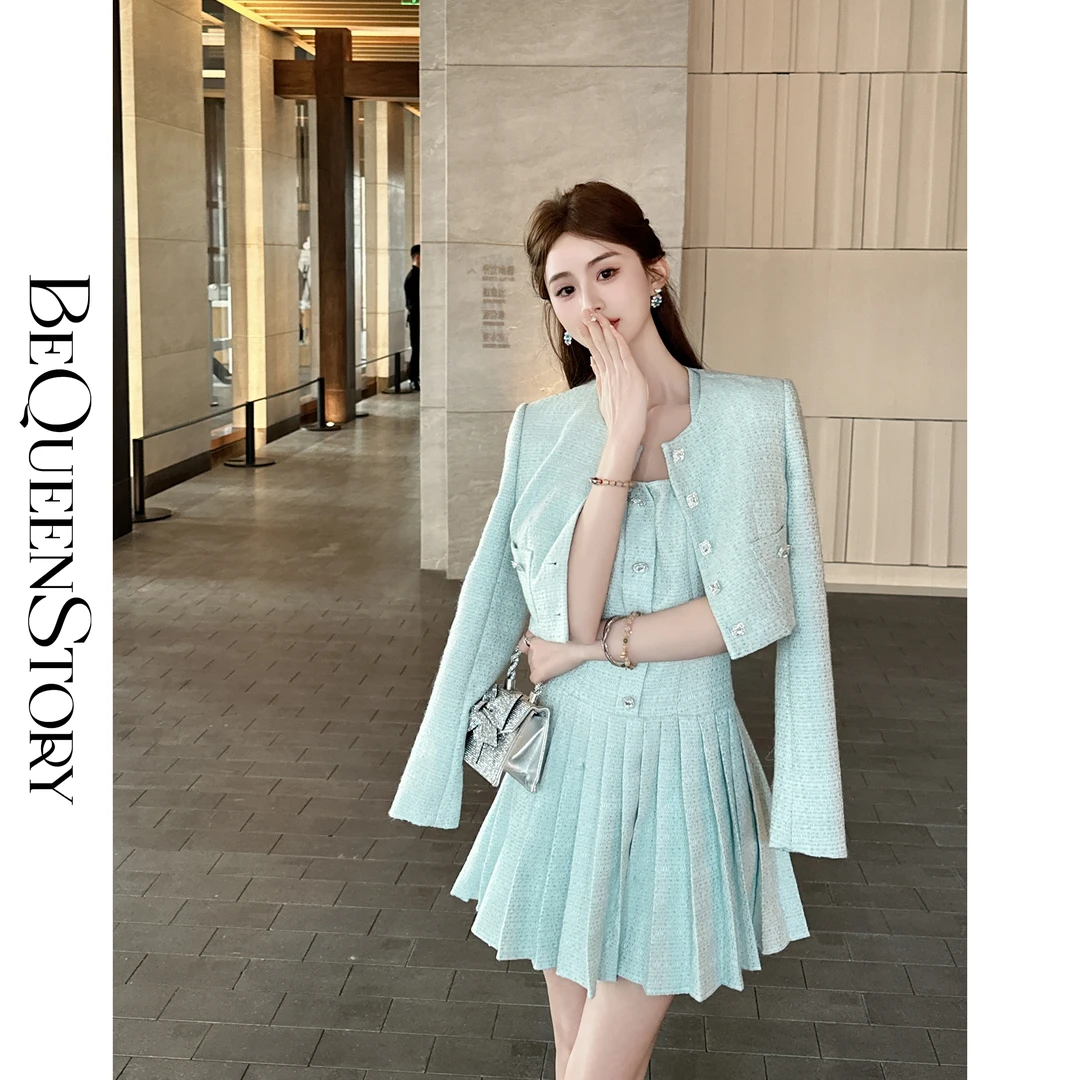 BeQueenStory【薄荷千金】时尚百搭修身小香外套&挂脖收腰女连衣裙