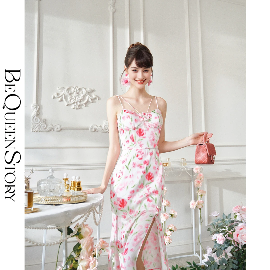 BeQueenStory【甜岛玫瑰】法式气质印花显瘦精致珠链吊带连衣裙