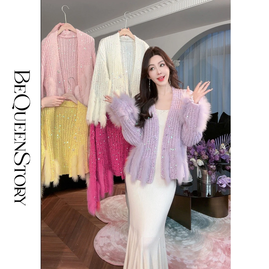 BeQueenStory【炫彩六芒星】轻奢彩色珠片拼接狐狸毛钻扣V领毛衣