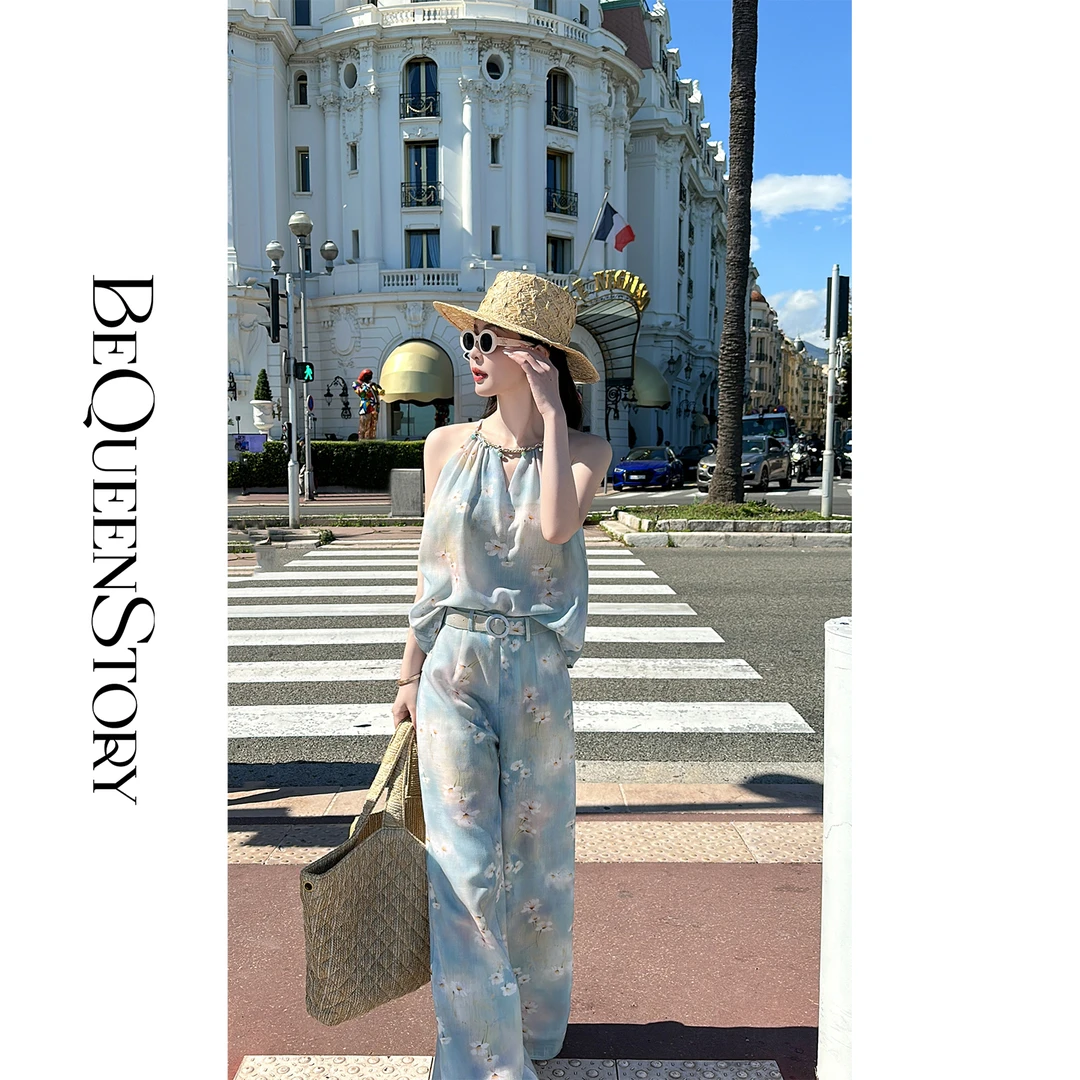 BeQueenStory【莫兰迪花园】气质高级感印花挂脖吊带&直筒裤套装女