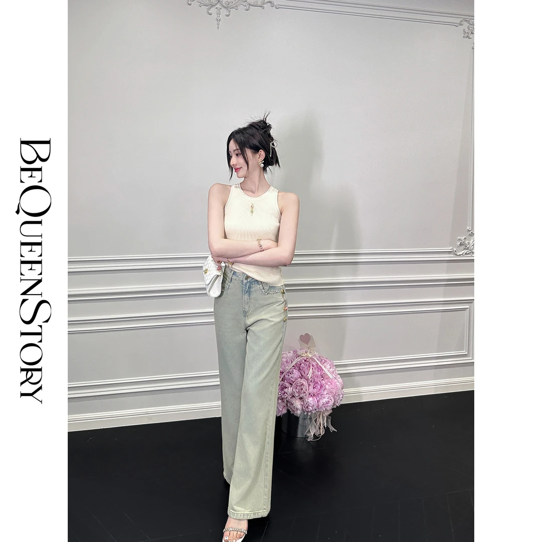 BeQueenStory【幻彩半夏】中式手工吊坠彩珠设计感洗水直筒裤2025