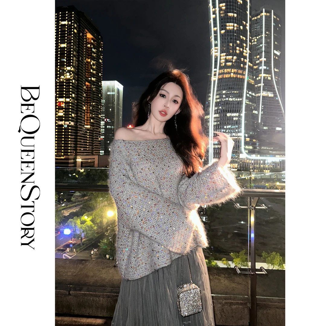 BeQueenStory【人间甜豆】轻奢时髦柔软舒适一字领宽松毛衣2025