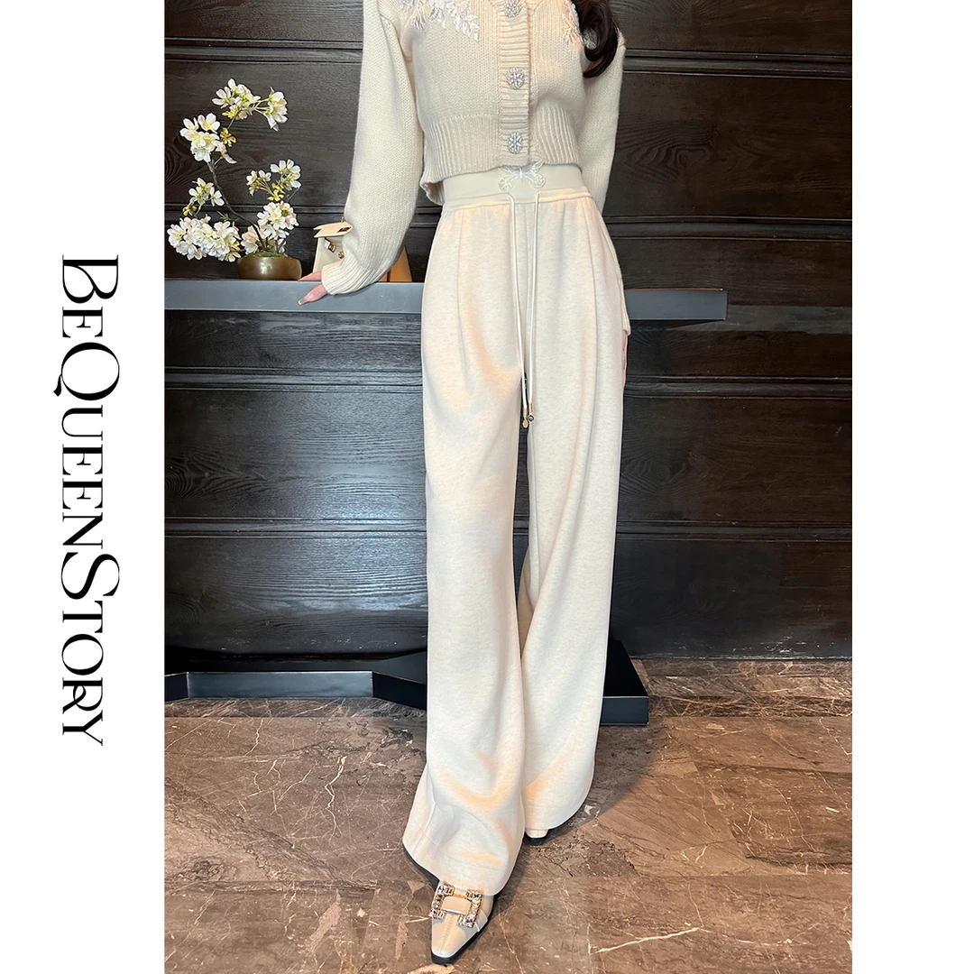 BeQueenStory【暖意奶芙】醋酸贴花时尚通勤裤子高腰抽绳直筒休闲裤