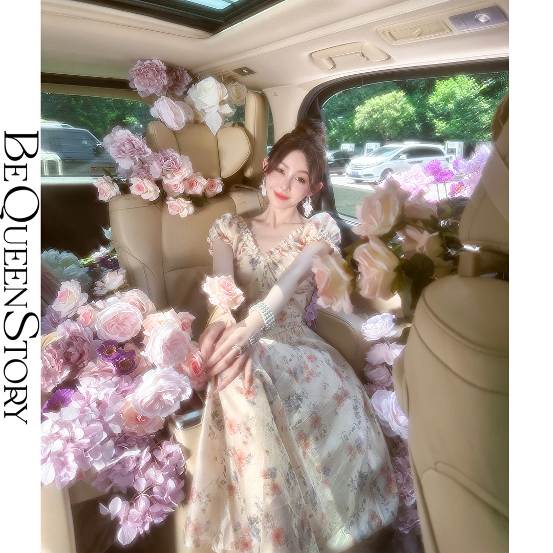 BeQueenStory【午后甜茶】复古气质甜美高贵收腰碎花连衣裙