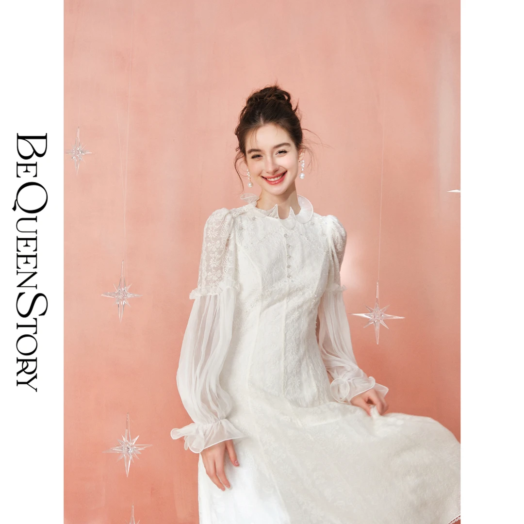 余潇潇【玉瓷清波】羊毛提花桑蚕丝钉珠流苏收腰连衣裙初冬白月光