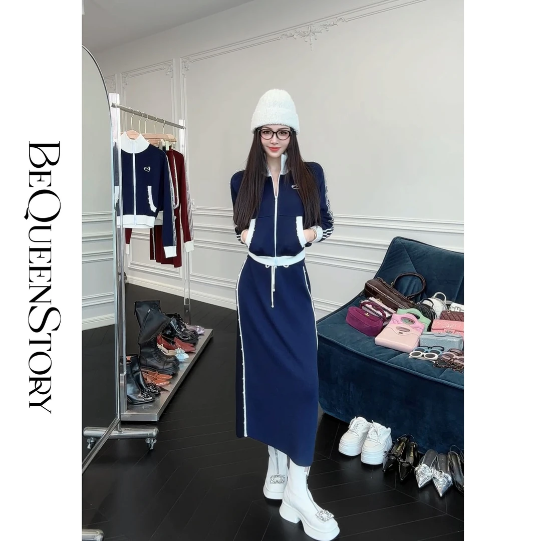 BeQueenStory【时尚宠儿】时尚绵羊毛纱线撞色钉珠螺纹上衣&长裙