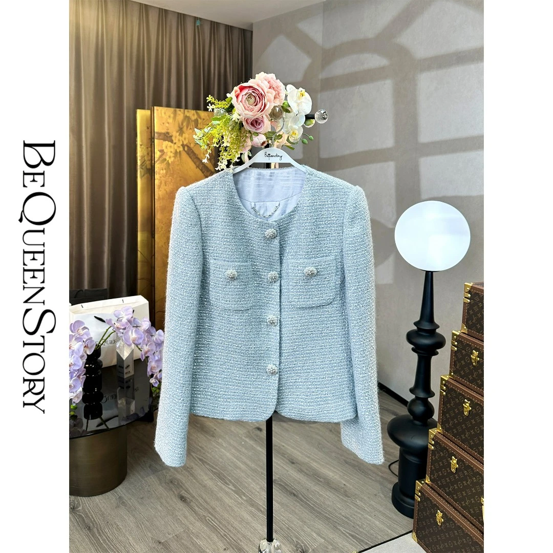 BeQueenStory【蔚蓝海梦】手工定制棉羊毛珍珠钻扣圆领小香风外套