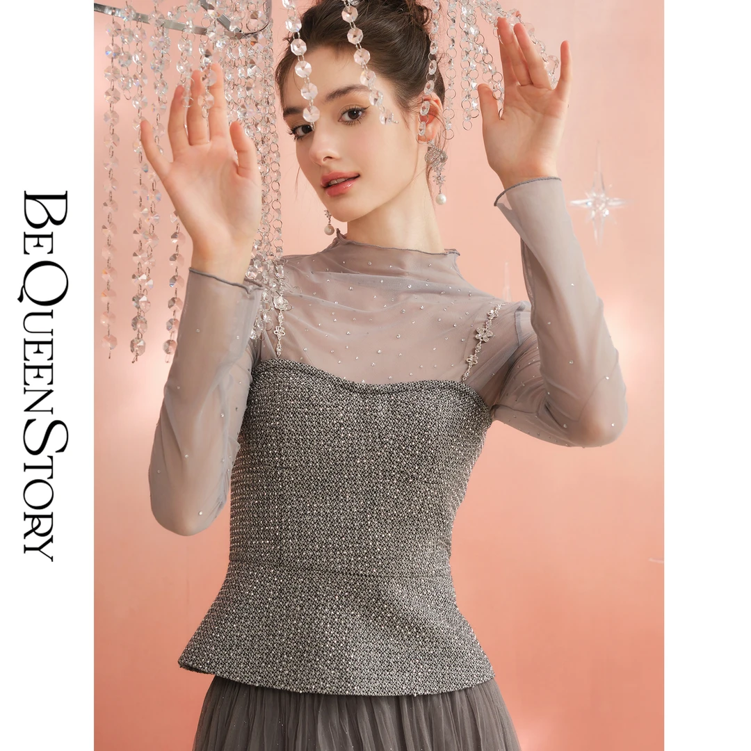 BeQueenStory【冰岛星空】进口弹力网纱重工定位烫钻修身内搭打底衫