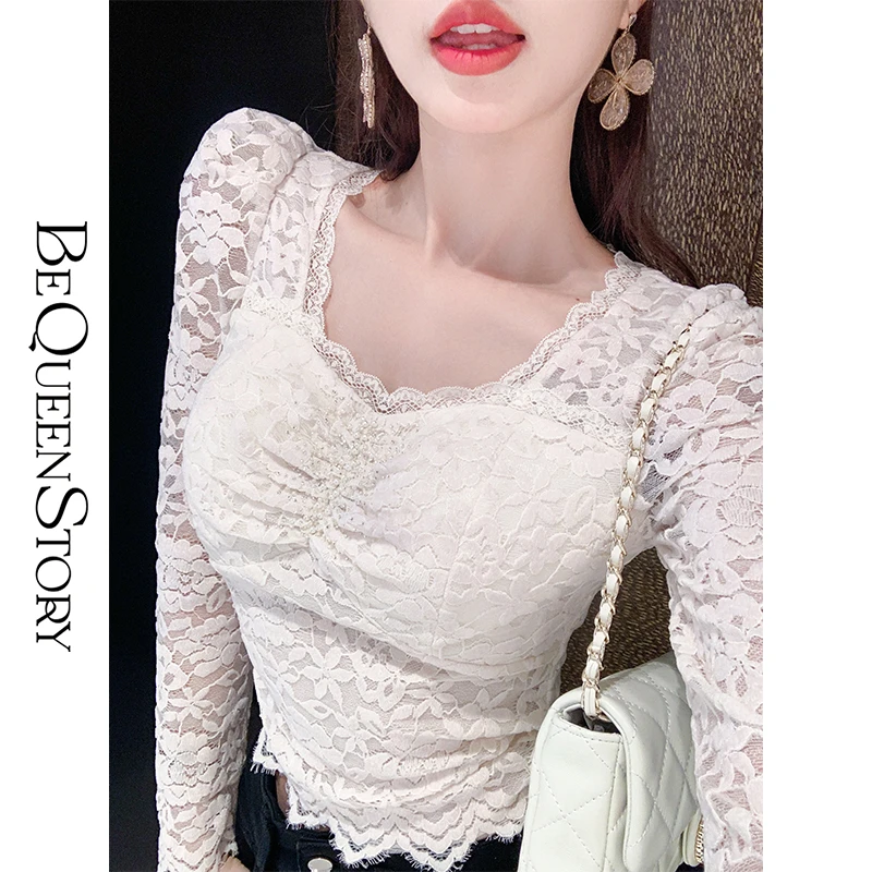 BeQueenStory【清秋花梦】早春设计感泡泡袖洋气名媛时尚长袖蕾丝衫