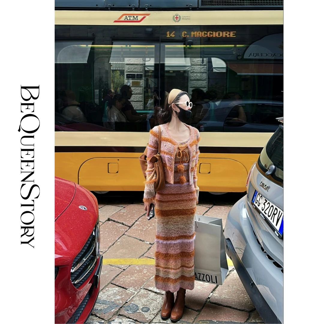 BeQueenStory【茶色空山】羊毛混纺手工钉钻长袖气质开衫吊带裙套装