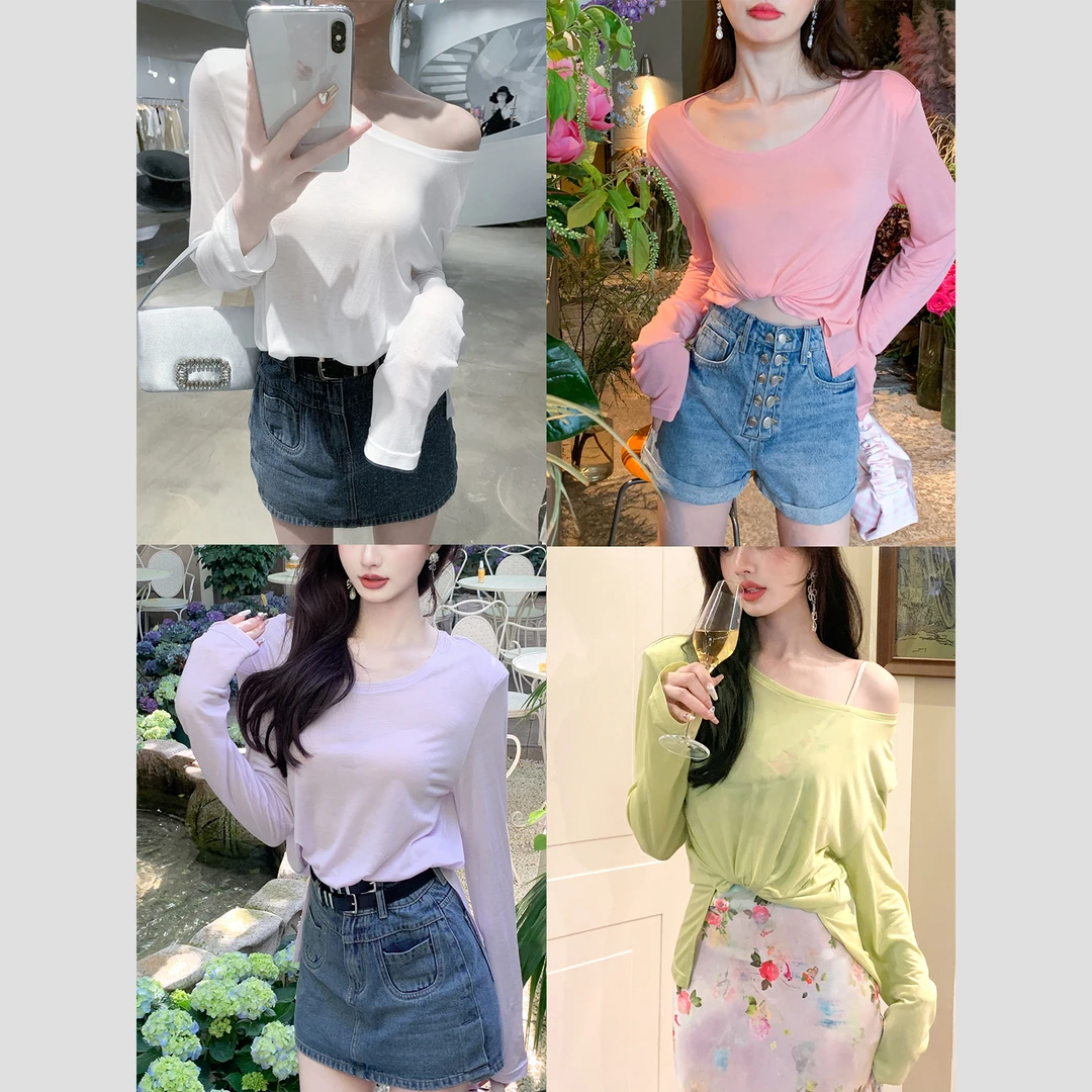 BeQueenStory【多彩蛋皮T】慵懒休闲百搭薄款长袖T恤夏季新款