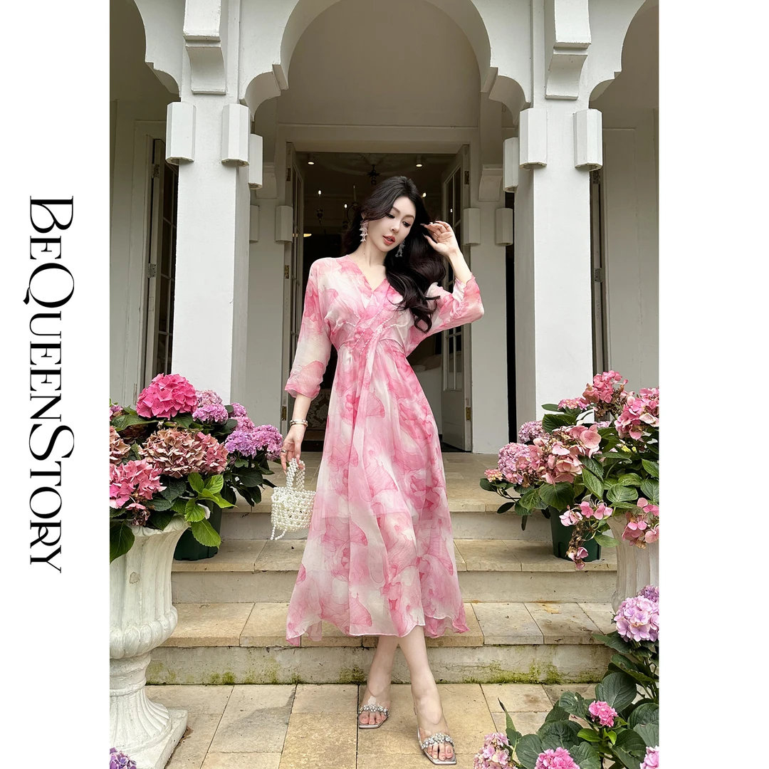 BeQueenStory【海棠风吟】100桑蚕丝高级感晕染V领收腰连衣裙送吊带