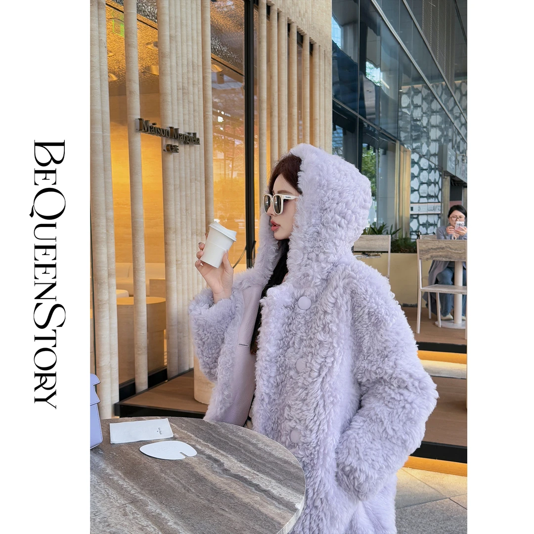 BeQueenStory【暖冬星黛露】托卡羊毛皮一体连帽中长款外套秋冬女装