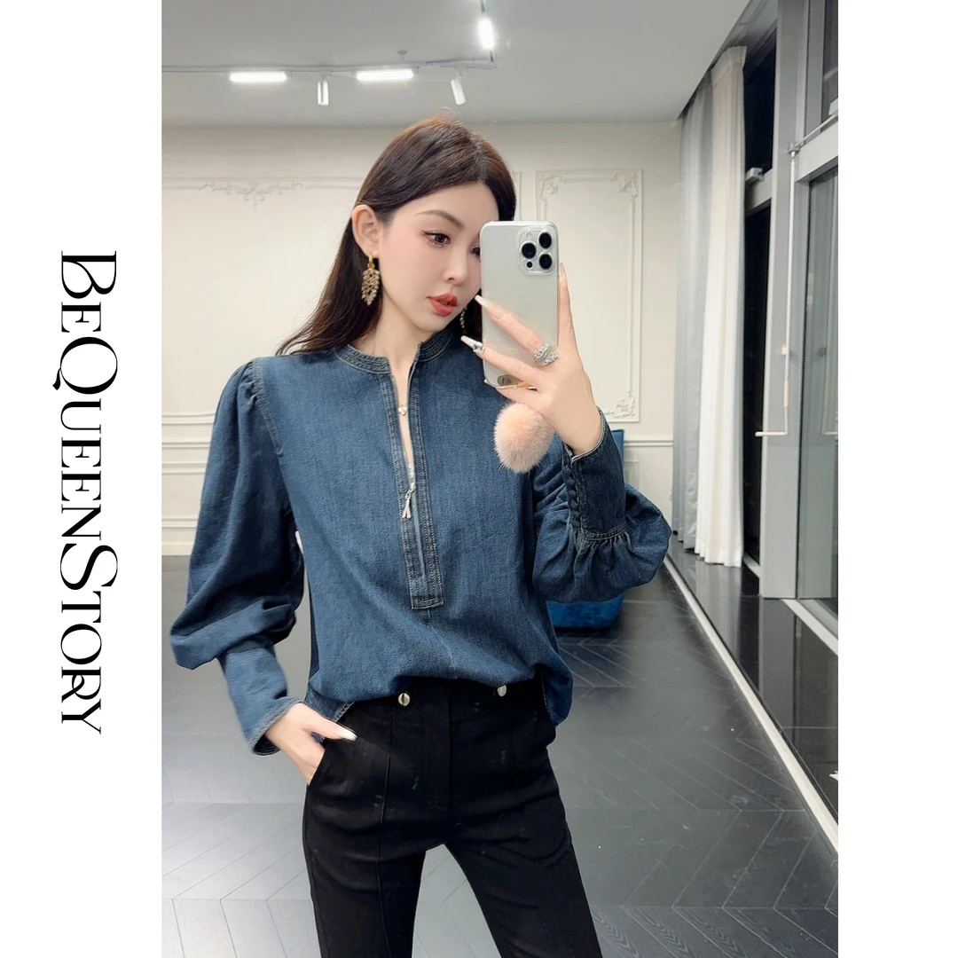 BeQueenStory【知性女神】时尚单品柔软舒适圆领牛仔泡泡袖衬衫新款