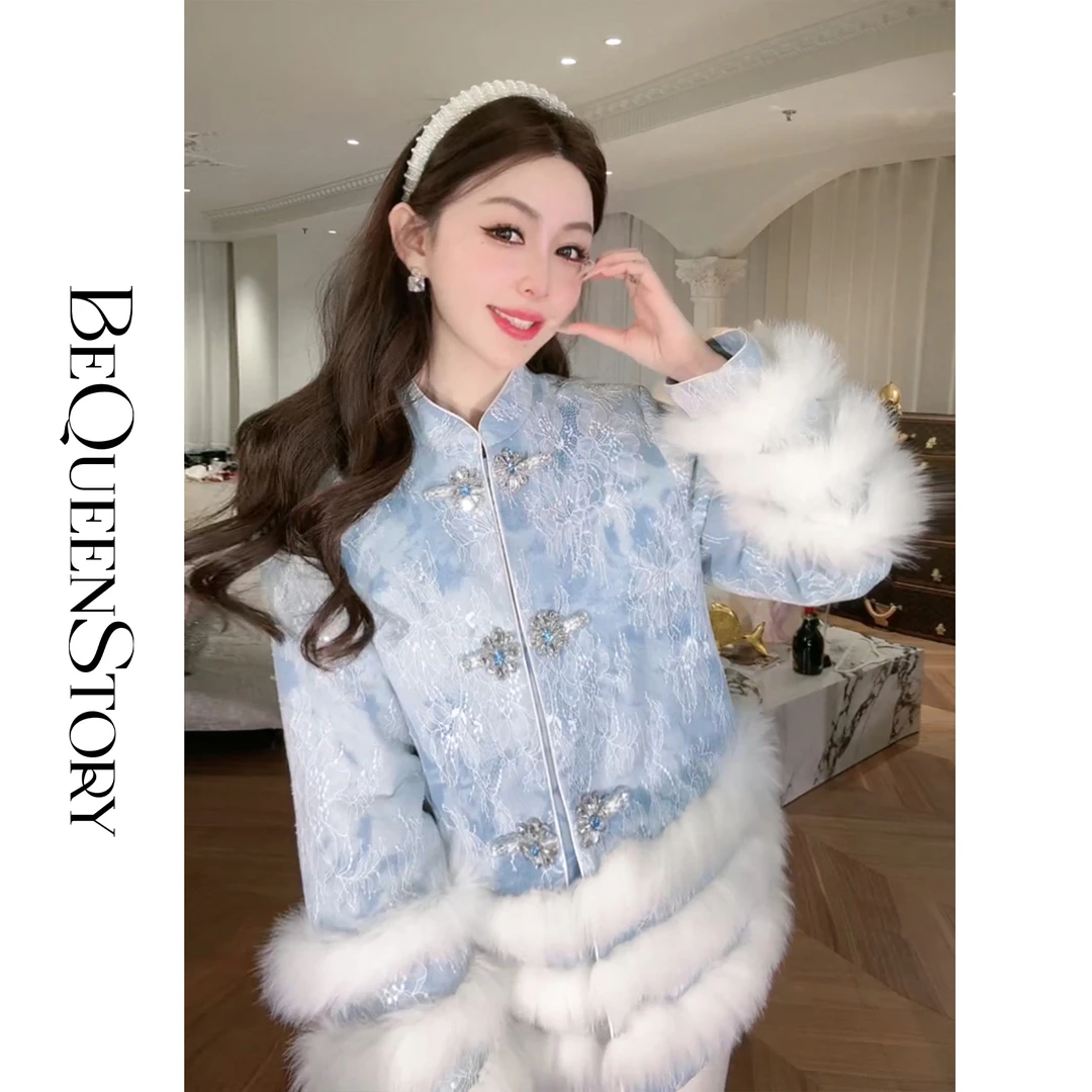 余潇潇【唐宫暮雪】中式蕾丝牛仔狐狸毛填充白鹅绒外套秋冬女装