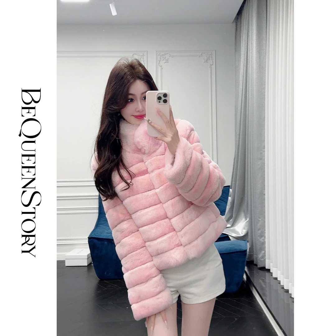 BeQueenStory【草莓奶兔】柔软舒适幻彩染色门襟钩扣立领獭兔皮草