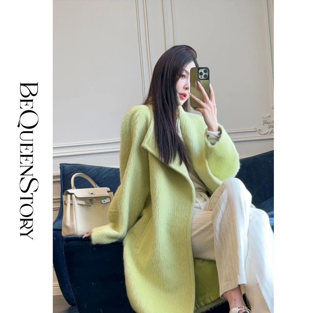 BeQueenStory【清冷贵妇】轻奢羊驼垂坠感长款宽松翻领羊毛大衣女