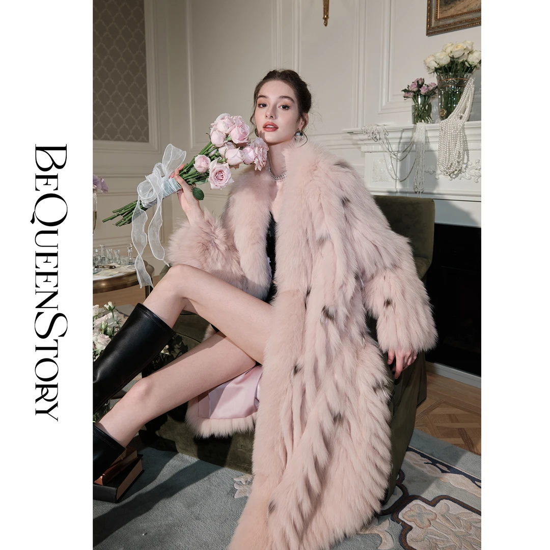 BeQueenStory【冰岛女王】高贵门襟钩扣狐狸毛设计宽松中长皮外套