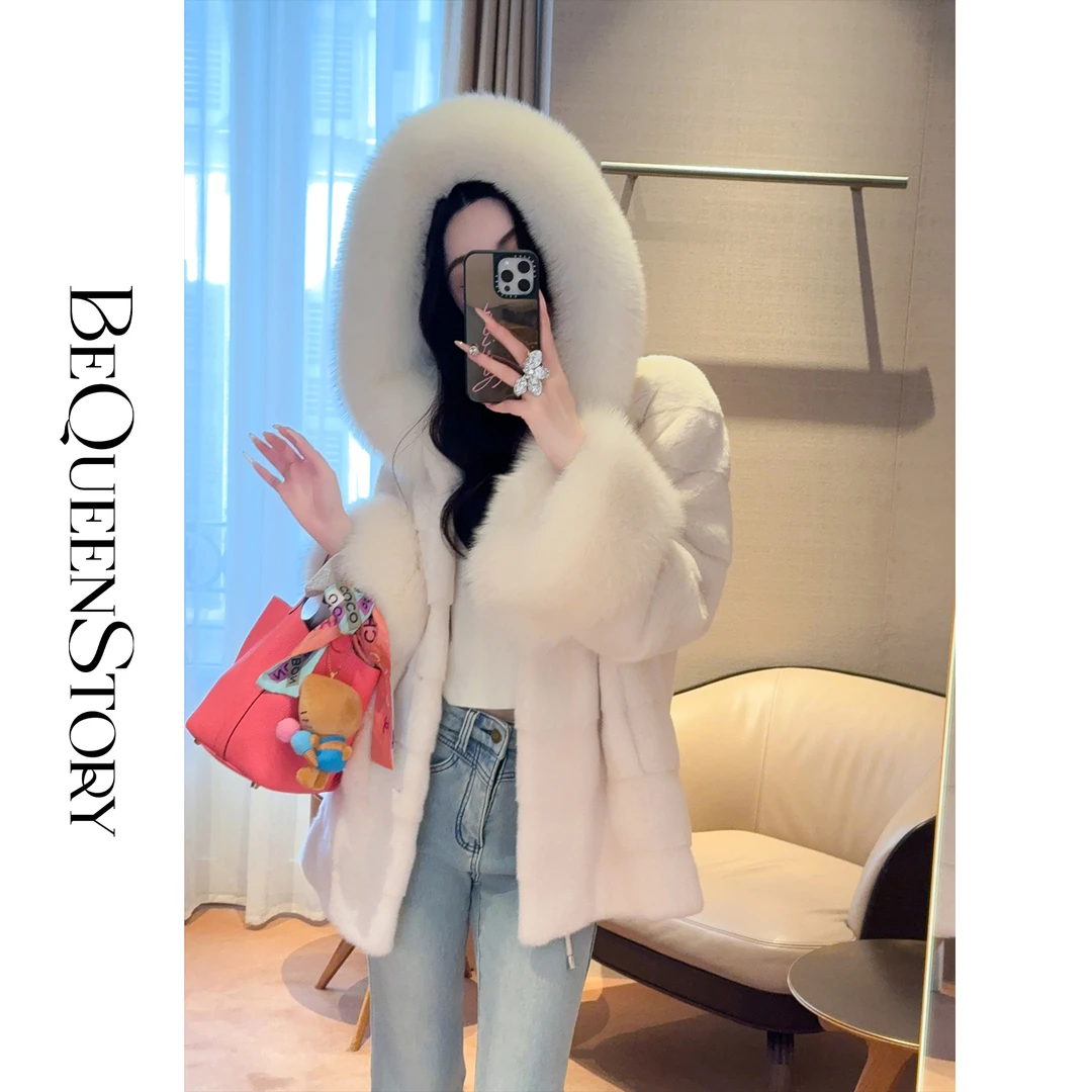 余潇潇【奶油松糕】典雅柔软水貂连帽狐狸毛纹理感皮草外套