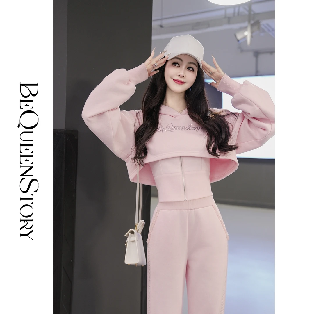 BeQueenStory【甜心S腰】密绒短款卫衣外套&背心&直筒裤气质套装