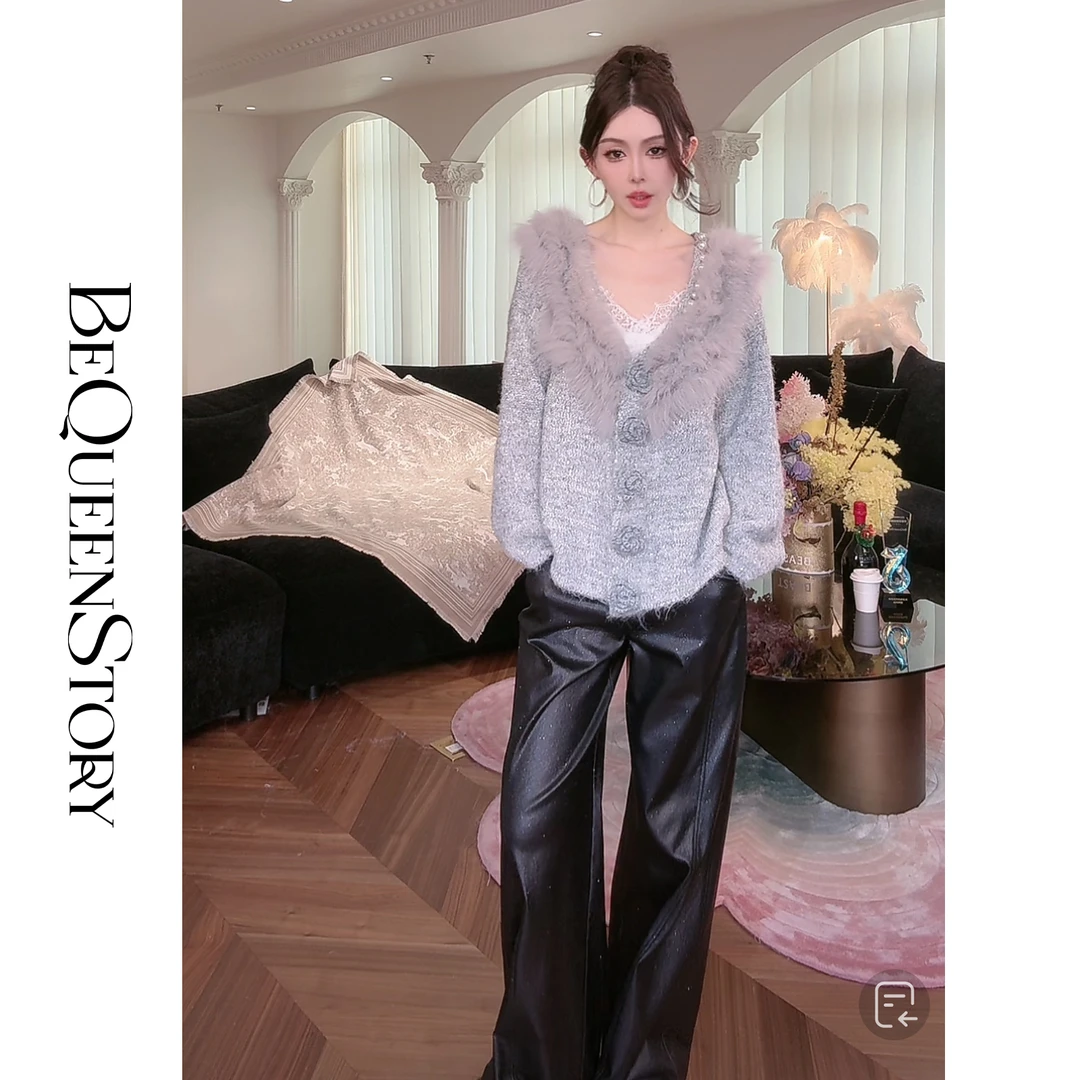 BeQueenStory【水晶糖果】设计感狐狸毛拼接玫瑰花钩扣两穿毛衣2025