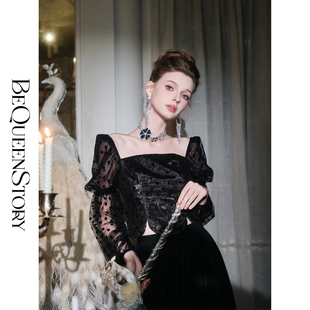 BeQueenStory【雾港黑珍珠】法式植绒波点网纱金银丝上衣财阀千金