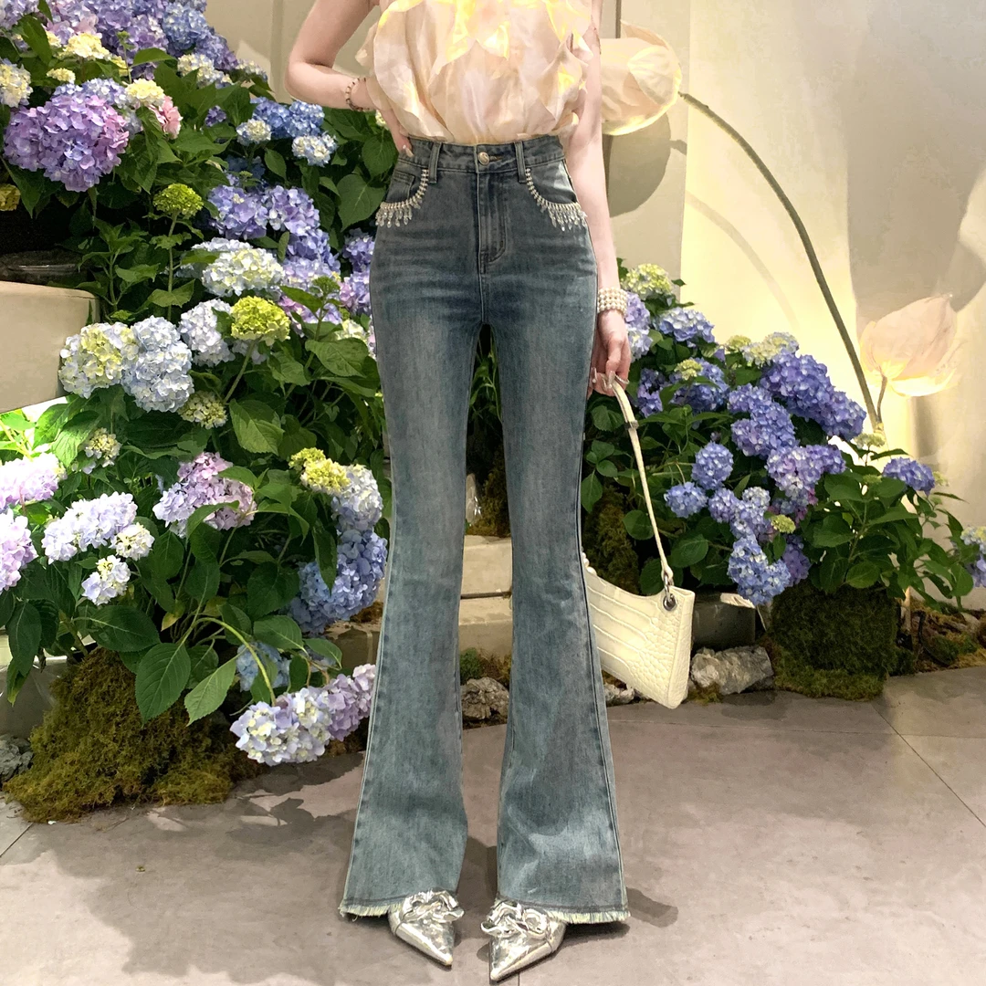BeQueenStory【缪斯之泪】高腰弹力镶钻流苏喇叭牛仔裤夏季
