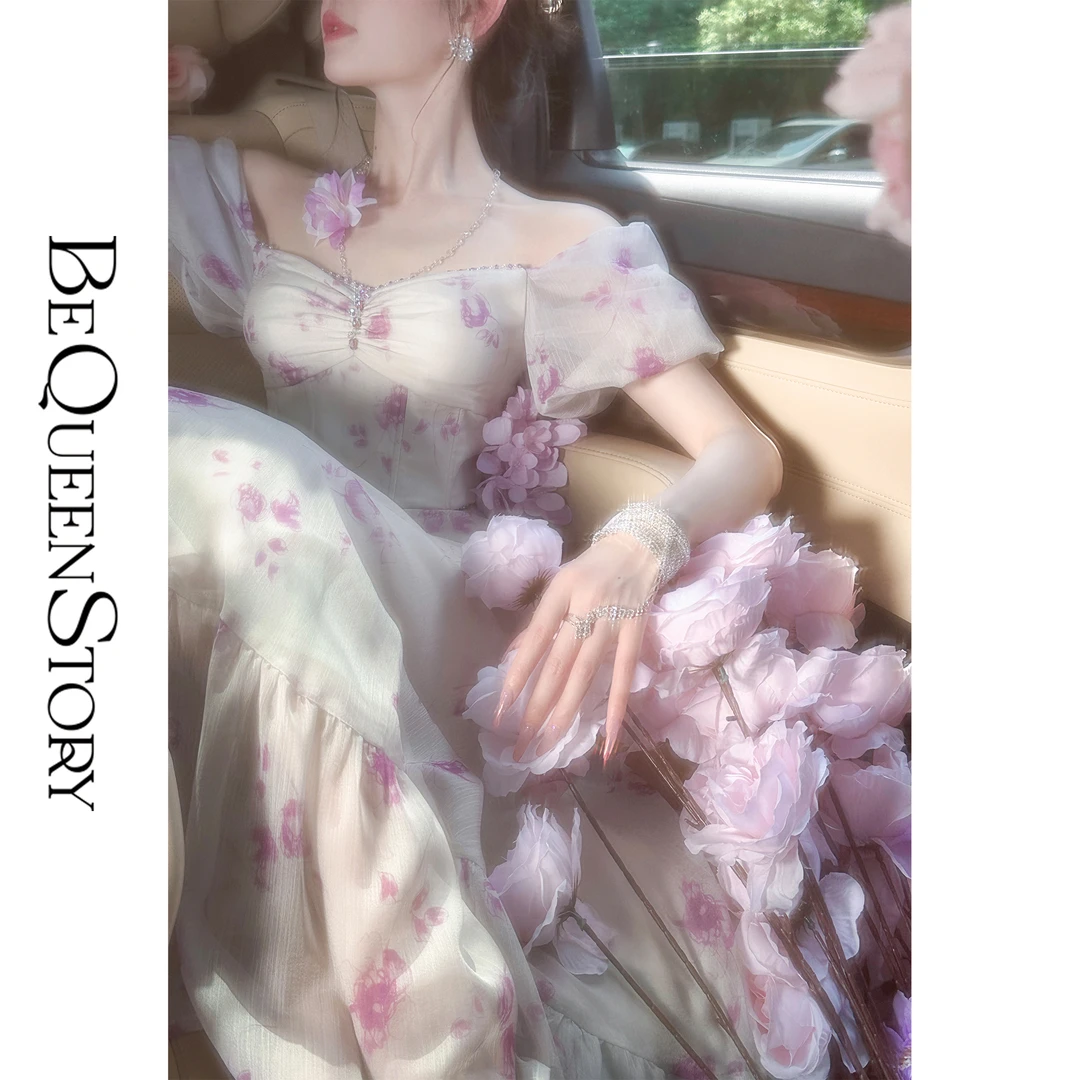 BeQueenStory【紫莲幽梦】优雅轻薄钉珠抽褶层次感连衣裙气质高级感