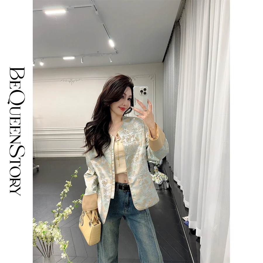 BeQueenStory【忆江南】国风新中式提花拼接缎面圆领设计感长袖外套