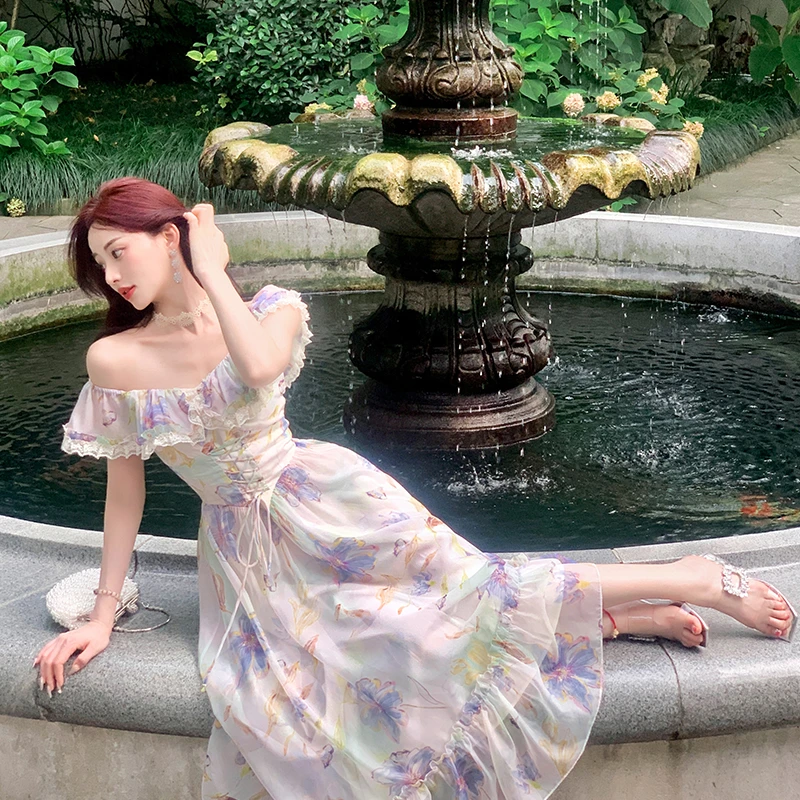 BeQueenStory【洋房花园】法式气质显瘦印花荷叶边连衣裙夏季新