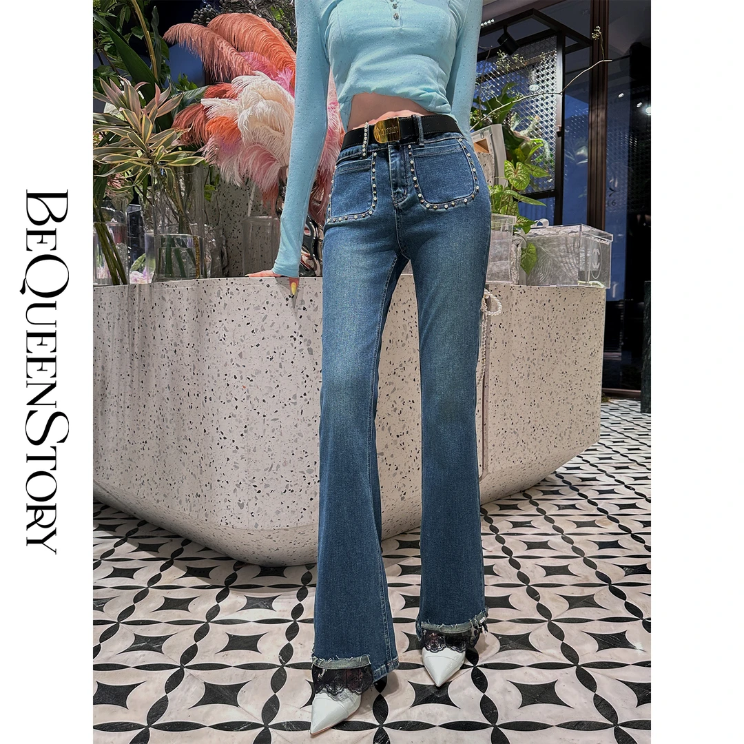 BeQueenStory【秀珠漫画腿】显瘦修身拼接蕾丝弹力微喇裤新款2025女