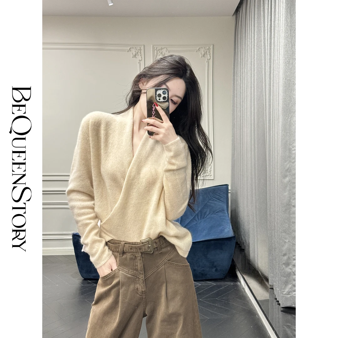 余潇潇【松弛贵妇】百搭纯色知性自由交叉领100山羊绒毛衫