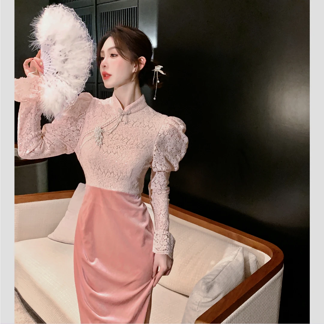 BeQueenStory【美人吟】新中式珠链蕾丝拼接灯笼袖连衣裙新款春季
